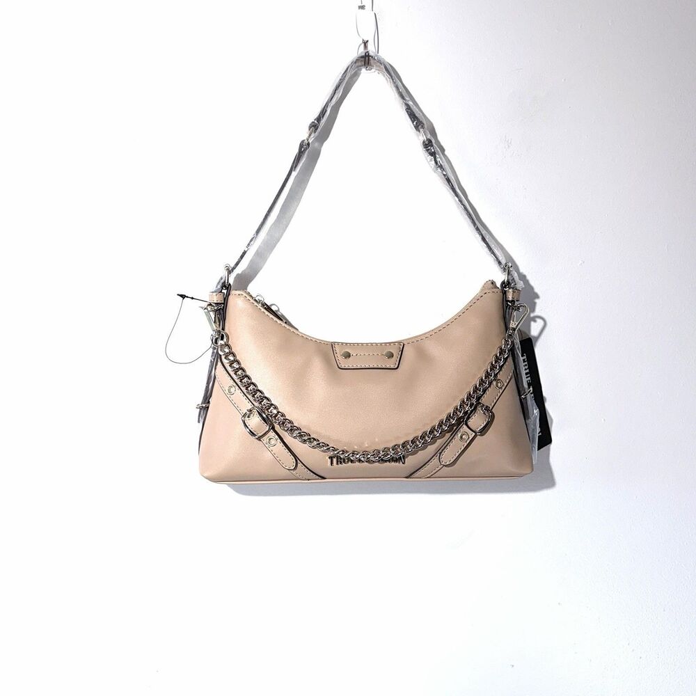 True Religion Beige, Smooth Belted Shoulder Bag Golden Chain & Logo NWT